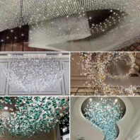 A vast, undulating ceiling installation composed of countless crystal or glass elements, creating a shimmering, wave-like effect across the entire ceiling. The lights sparkle brilliantly, resembling a starry night sky.