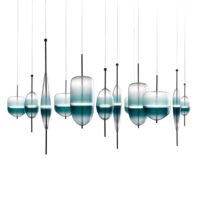 A stunning large chandelier showcasing innovative custom lighting design for upscale hotels. This big chandelier features multiple suspended glass elements in various shapes - elongated ovals, rounded squares, and ellipses. Each piece displays a captivating gradient from clear to teal, resembling elegant vessels partially filled with water. Thin lines of light bisect the forms, adding a luminous accent. The hotel chandelier's unique composition creates a floating, rhythmic effect against a white background, reminiscent of a musical score or aquatic dance. This exquisite custom lighting installation transforms the space into an enchanting, artistic display, perfect for creating a sophisticated atmosphere in high-end hospitality environments such as grand lobbies or banquet halls.