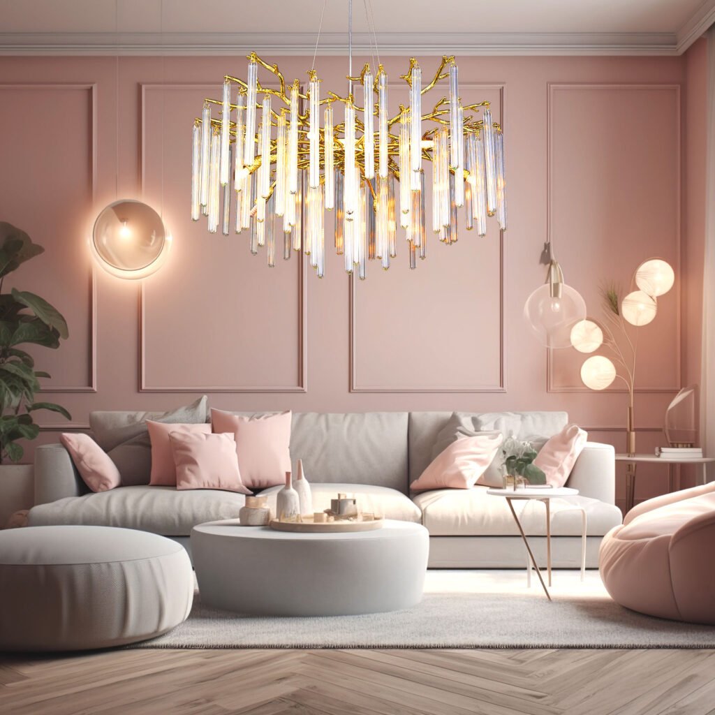 Luxurious living room featuring a stunning crystal and gold branch chandelier as the centerpiece. The room is decorated in soft pink and neutral tones, with blush pink walls adorned with decorative moldings. A large grey sofa with pink and grey throw pillows dominates the seating area, accompanied by a round ottoman and a pink accent chair. A white, curved coffee table sits in front of the sofa, holding decorative items. The chandelier, with its elongated glass tubes and golden accents, hangs prominently above, casting a warm glow. Complementing the main fixture are modern globe wall sconces and a floor lamp with multiple spherical lights. The room is finished with herringbone wood flooring, a plush area rug, and touches of greenery, creating a harmonious blend of contemporary elegance and cozy comfort.