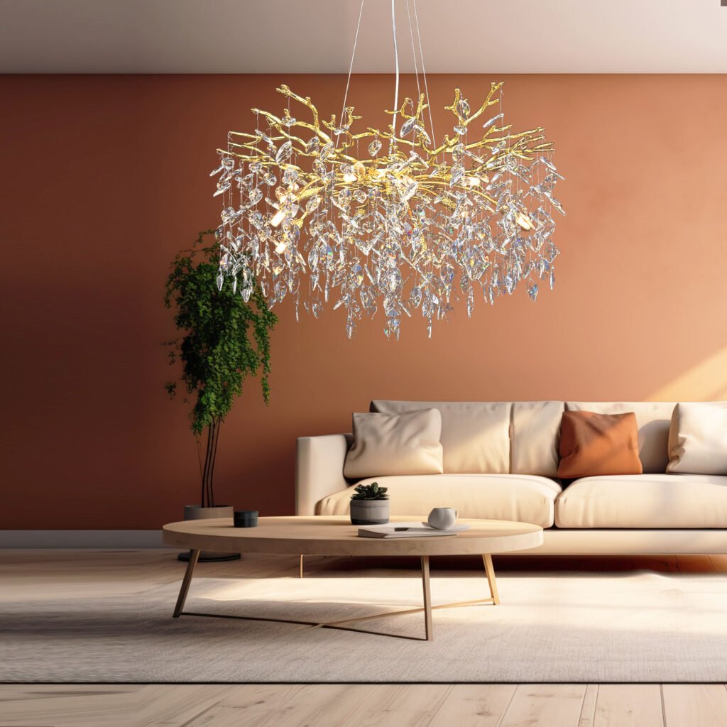 Stylish living room featuring a stunning crystal and gold branch chandelier against a warm terracotta wall. The room has a contemporary aesthetic with earthy tones. A beige sofa with accent pillows sits beneath the chandelier, which is the focal point of the space. The chandelier's golden branches and cascading crystal pendants create a dramatic effect, casting a warm glow. A large round wooden coffee table sits on a light-colored area rug. To the left, a tall potted plant with cascading foliage adds a touch of nature. The room is bathed in soft, natural light, creating a warm and inviting atmosphere that balances luxury with comfort.