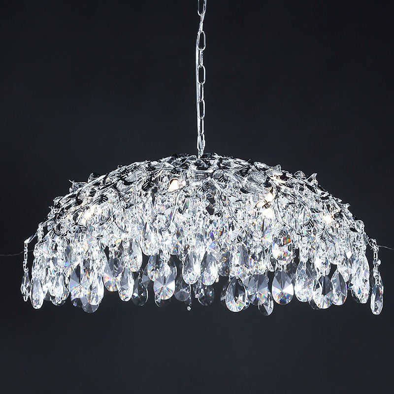 Luxe Crystal Umbrella Branch Chandelier with LED Lights in a bohemian rustic bedroom