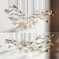 A mesmerizing large hotel chandelier showcasing innovative custom lighting design. This big chandelier features numerous smoky glass elements shaped like abstract petals or leaves, suspended at varying heights by thin wires against a white background. The image is split into two views: a frontal view and a side view. The translucent glass pieces have gentle curves and irregular shapes, creating a dynamic, organic composition reminiscent of a flock of birds in flight or leaves caught in a breeze. Small light sources are interspersed among the glass elements, emitting a warm glow that reflects and refracts through the glass, casting intricate shadows on the wall. This avant-garde piece exemplifies high-end custom lighting, perfect for creating a captivating focal point in modern, luxurious hotel spaces. The chandelier's fluid design transforms the ambiance with its light, airy presence, blending artistry with functionality to create a stunning sculptural lighting installation.