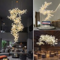 Collage showcasing stunning branch chandeliers in various settings. Left: A large, cascading chandelier with golden branches and white floral lights illuminates a modern living area with dark walls and gray furniture. Top right: A sweeping branch chandelier adorns a sleek lobby with a circular glass table. Bottom right: An intricate floral chandelier hangs above wooden furnishings in a warm-toned room. These exquisite branch chandeliers demonstrate their versatility in different interior designs, from contemporary to rustic-luxe, adding an organic, elegant touch to each space with their nature-inspired forms and soft, ambient lighting.