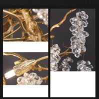 A collage of three close-up images showcasing parts of an ornate chandelier. The top left image displays intricate gold-plated metalwork with a textured, branch-like design. The bottom left image shows a gold-plated leaf or petal shape with a small light bulb emerging from it, accompanied by a cluster of crystal droplets. The right image features multiple hanging clusters of clear crystal droplets attached to a gold-toned branch, creating a grape-like formation. These details highlight the chandelier's blend of nature-inspired metalwork and sparkling crystal elements against a dark background.