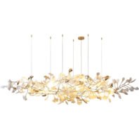 An elongated, horizontal chandelier featuring a delicate array of illuminated flower-like shapes and branches. The fixture is suspended by multiple thin wires from a central gold ceiling mount. The design resembles a floating garden with intertwining golden stems and translucent petal-shaped lights. The overall effect is organic and ethereal, blending nature-inspired elements with modern lighting design to create a soft, warm glow.