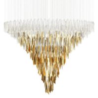 A stunning chandelier showcasing innovative custom lighting design. The fixture features an inverted pyramid shape composed of hundreds of elongated crystal-like elements. The top layer consists of clear or white crystals, gradually transitioning to golden hues towards the bottom, creating a mesmerizing ombre effect. The crystals appear to be suspended by thin wires, giving the illusion of a floating, shimmering waterfall. Set against a white background, the chandelier's intricate details and color transition are highlighted. This luxurious custom lighting installation is perfect for high-end hotels or grand spaces seeking a breathtaking, contemporary centerpiece that combines the elegance of traditional crystal chandeliers with modern design sensibilities, creating a dramatic focal point that exudes both warmth and sophistication.